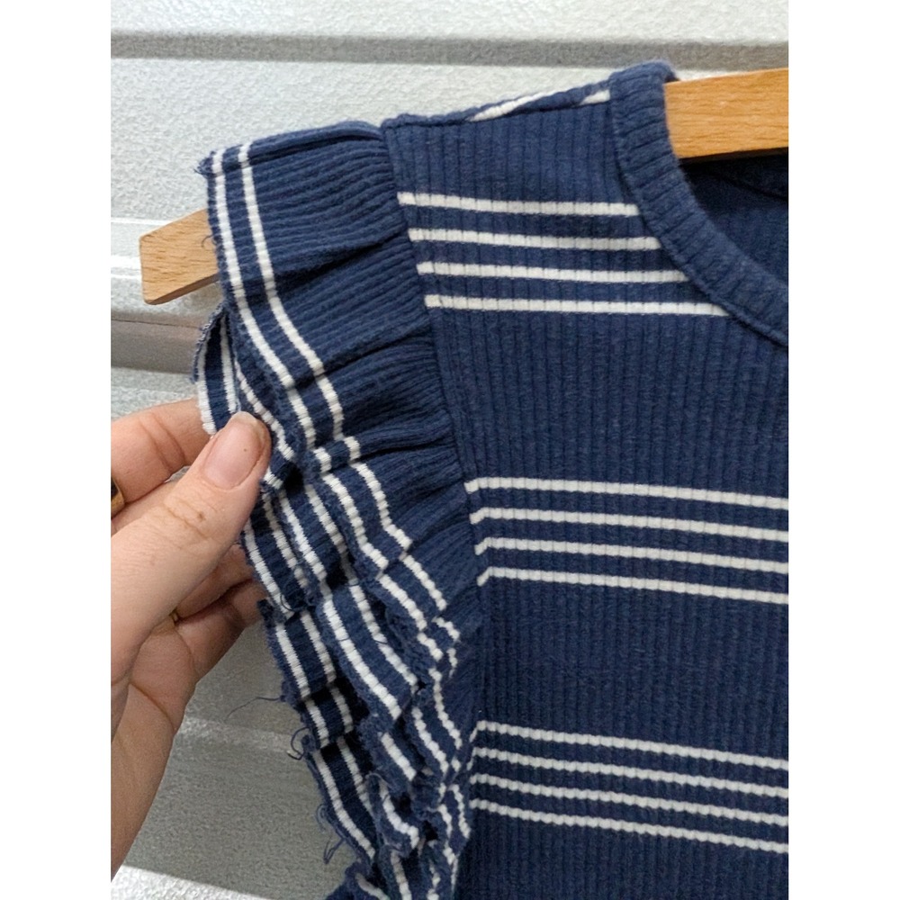 J. Crew Women's Vintage Rib Ruffle Sleeve Shirt Stripe Navy White- XS - Picture 6 of 7